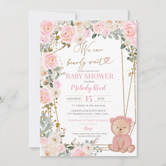 We Can Bearly Wait Pink Teddy Bear Baby Shower Invitation (Front)