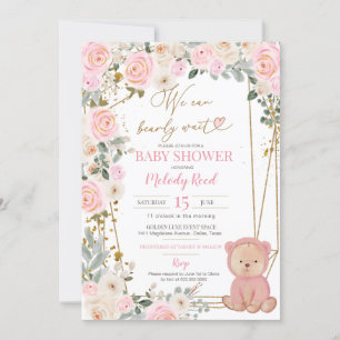 We Can Bearly Wait Pink Teddy Bear Baby Shower Invitation