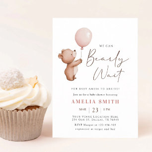 We Can Bearly Wait Pink Teddy Bear Balloon Invitation