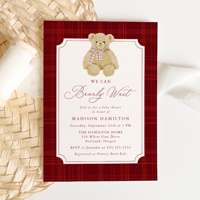 We Can Bearly Wait Plaid Teddy Bear Baby Shower Invitation (Creator Uploaded)