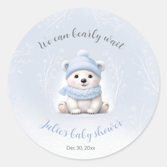 We Can Bearly Wait Polar Bear Blue Baby Shower Classic Round Sticker (Front)