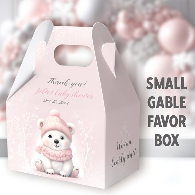 We Can Bearly Wait Polar Bear Pink Baby Shower Favour Box (Pink Polar Bear Small Gable Favor Boxes - You can choose from 3 sizes of these gable favor boxes)