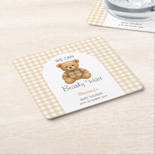 We Can Bearly Wait Preppy Bear Baby Shower Square Paper Coaster