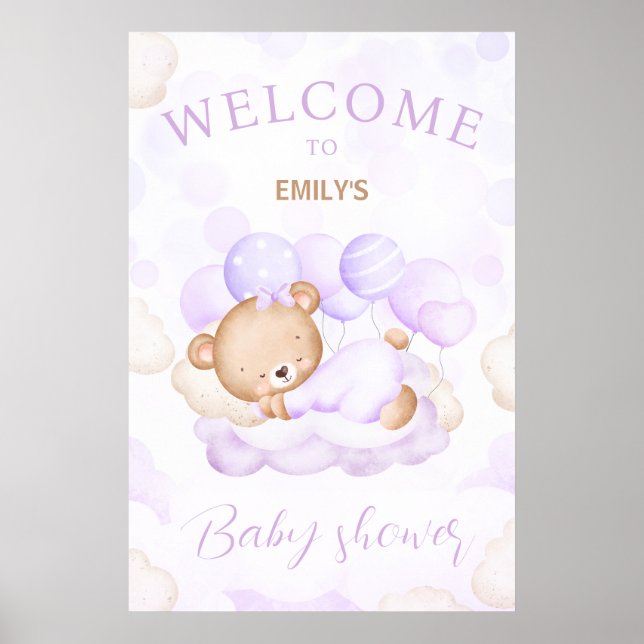 We Can Bearly Wait Purple Baby shower welcome sign (Front)