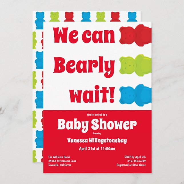 We Can Bearly Wait Red Gummy Bear Baby Shower Invitation (Front/Back)