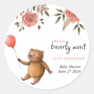 We Can Bearly Wait Rose Teddy Baby Shower Classic Round Sticker