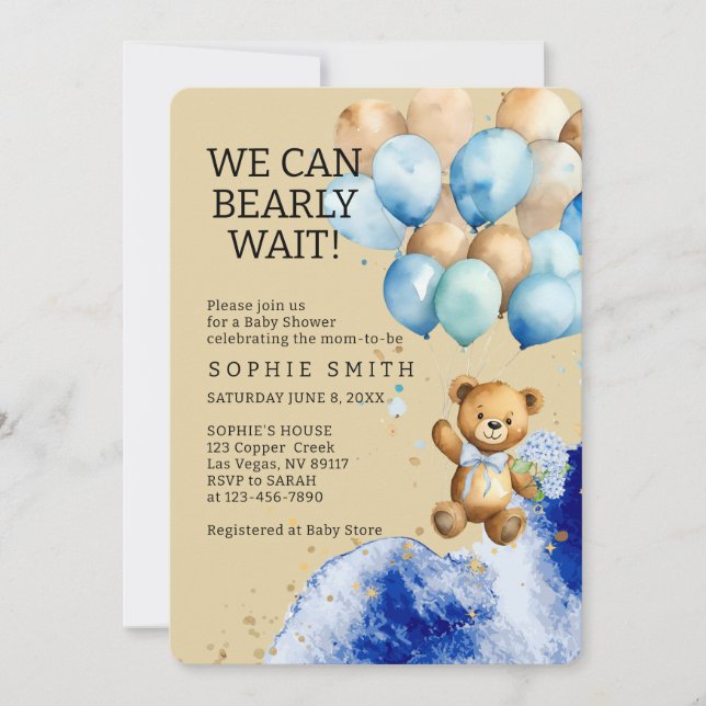 We Can Bearly Wait Royal Blue And Gold Abstract Invitation (Front)