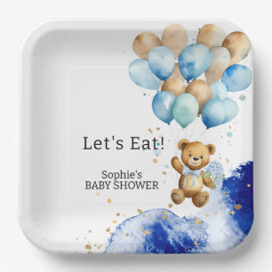 We Can Bearly Wait Royal Blue And Gold Abstract Paper Plate