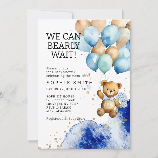 We Can Bearly Wait Royal Blue And Gold Baby Shower Invitation (Front)
