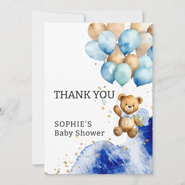 We Can Bearly Wait Royal Blue And Gold Baby Shower Thank You Card (Front)