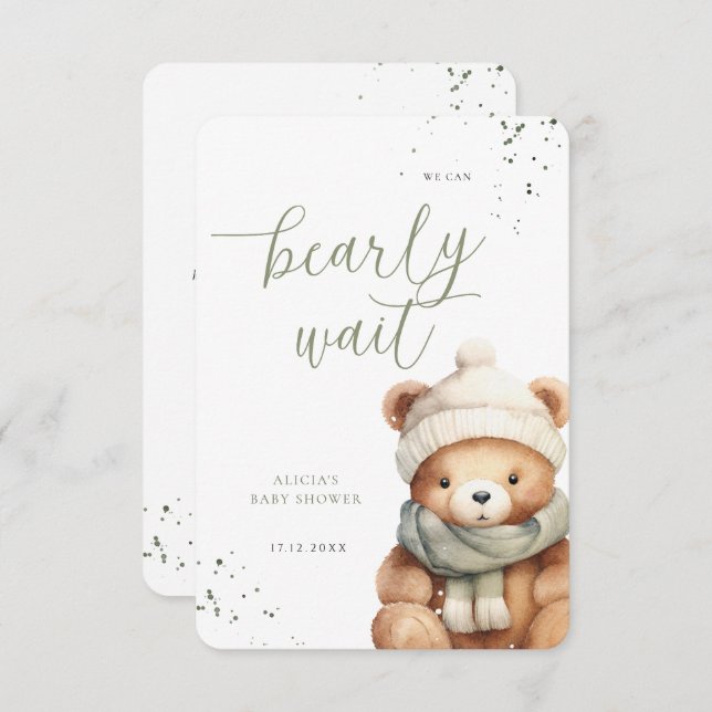 We Can Bearly Wait Sage and Beige Thank You Card (Front/Back)