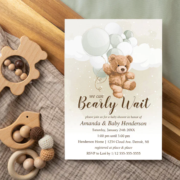 We can Bearly Wait (sage) Baby Shower Invitation | Zazzle