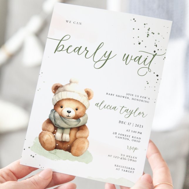 We Can Bearly Wait Sage Baby Shower Invitation (Creator Uploaded)