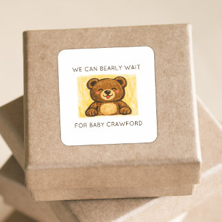 We Can Bearly Wait! Simple Hand Drawn Baby Shower Square Sticker