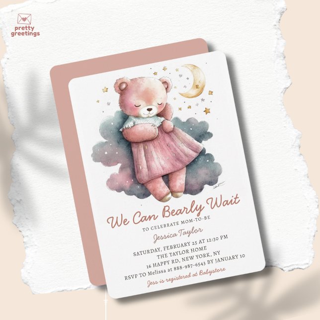 We Can Bearly Wait Sleeping Bear Girl Baby Shower Invitation (Creator Uploaded)