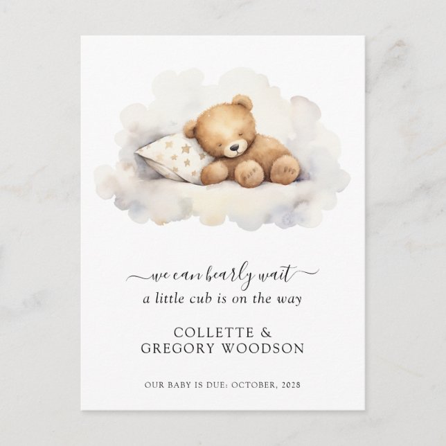 We Can Bearly Wait Sleeping Teddy Bear Announcement Postcard (Front)