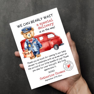 We Can Bearly Wait Special Delivery Baby Shower Thank You Card