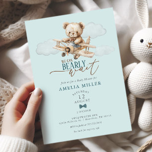 We Can Bearly Wait Teddy Airplane Blue Baby Shower Invitation