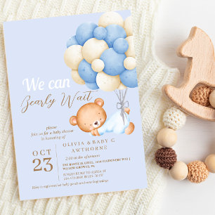 We can Bearly Wait Teddy Balloon Baby Boy Shower Invitation