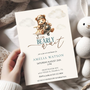 We Can Bearly Wait Teddy Bear Aeroplane Baby Showe Invitation