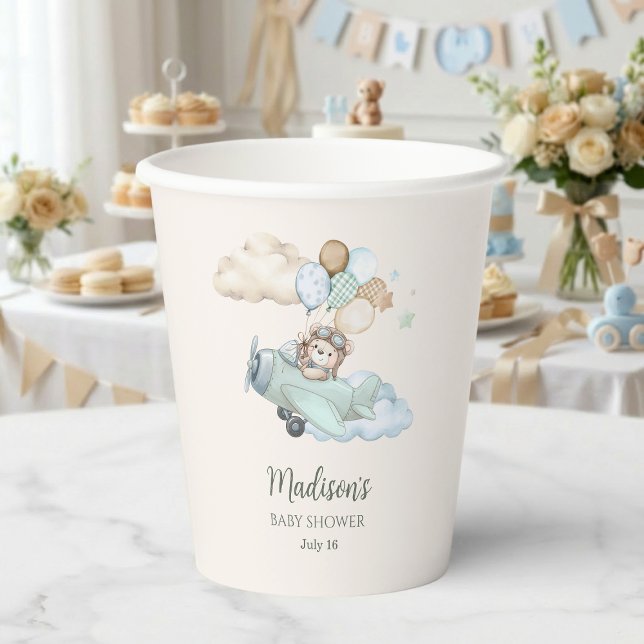 We Can Bearly Wait Teddy Bear Aeroplane Baby Showe Paper Cups (Aviator Teddy Bear Baby Shower Paper Cup. Blue Boy Airplane. We Can Bearly Wait.)