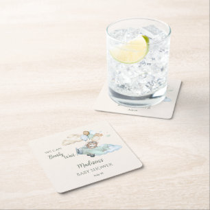 We Can Bearly Wait Teddy Bear Aeroplane Boy Baby Square Paper Coaster