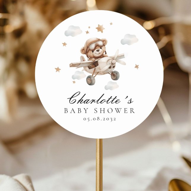 We Can Bearly Wait! Teddy Bear & Aeroplane Classic Round Sticker (Personalized, We Can Bearly Wait! Teddy Bear & Airplane Classic Round Sticker)