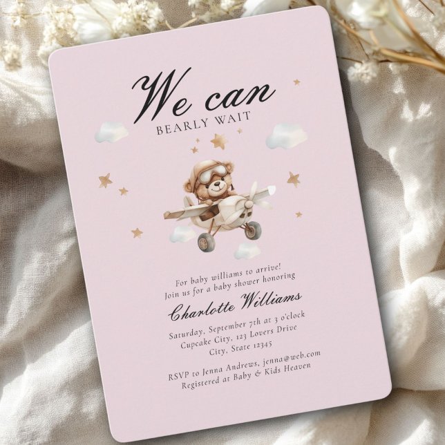 We Can Bearly Wait! Teddy Bear & Aeroplane  Invitation (We Can Bearly Wait! Cute Bear & Plain Baby Shower Invitation)