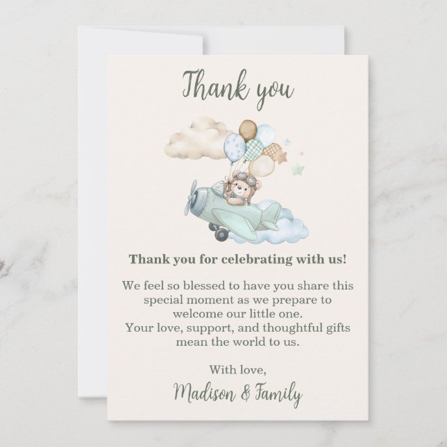 We Can Bearly Wait Teddy Bear Airplane Baby Shower Thank You Card (Front)