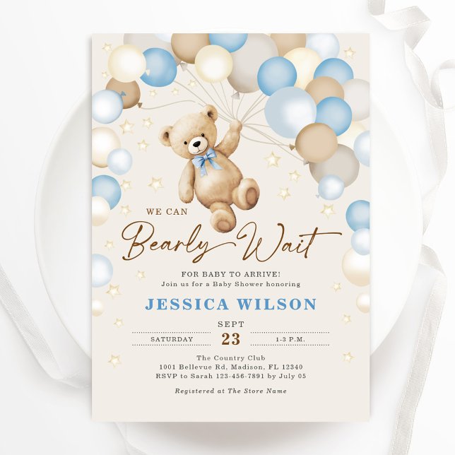 We Can Bearly Wait Teddy Bear Baby Boy Shower Invitation (Creator Uploaded)