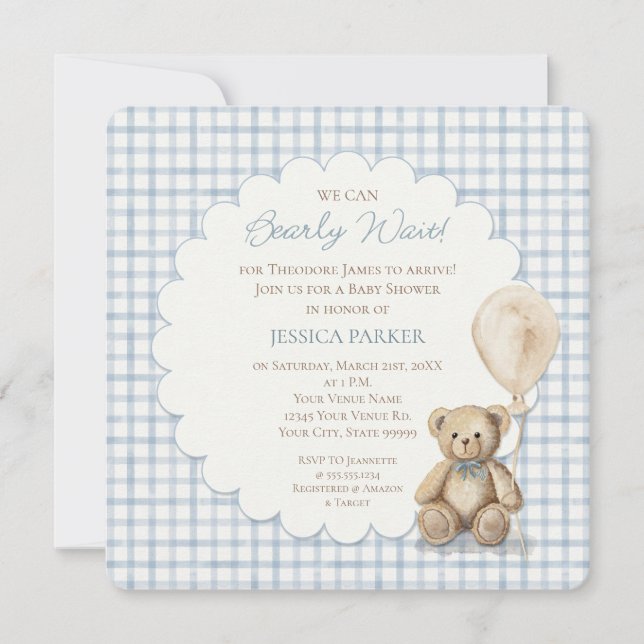 We Can Bearly Wait Teddy Bear Baby Shower Boy  Invitation (Front)