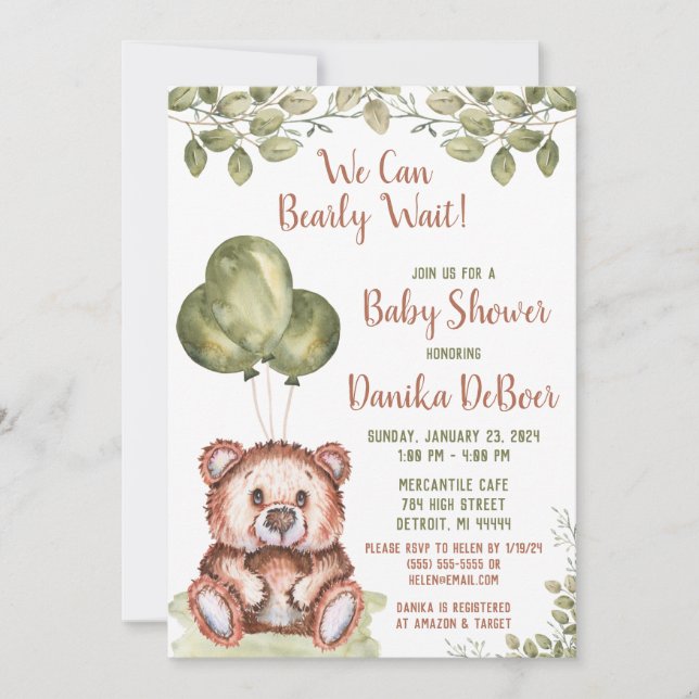 We Can Bearly Wait!  Teddy Bear Baby Shower Invitation (Front)
