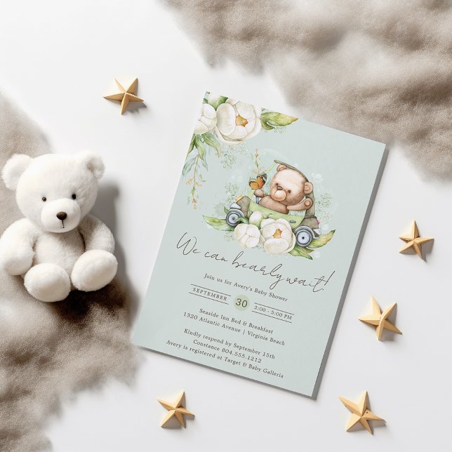 We Can Bearly Wait Teddy Bear Baby Shower Sage  Invitation (Creator Uploaded)