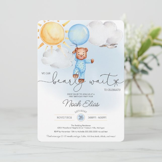 We Can Bearly Wait Teddy Bear Balloon 1st Birthday Invitation (Standing Front)
