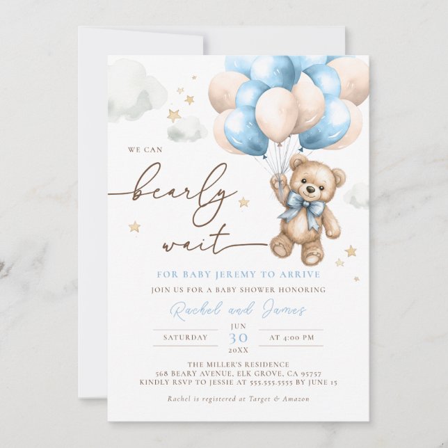 We Can Bearly Wait Teddy Bear Balloon Baby Shower Invitation (Front)