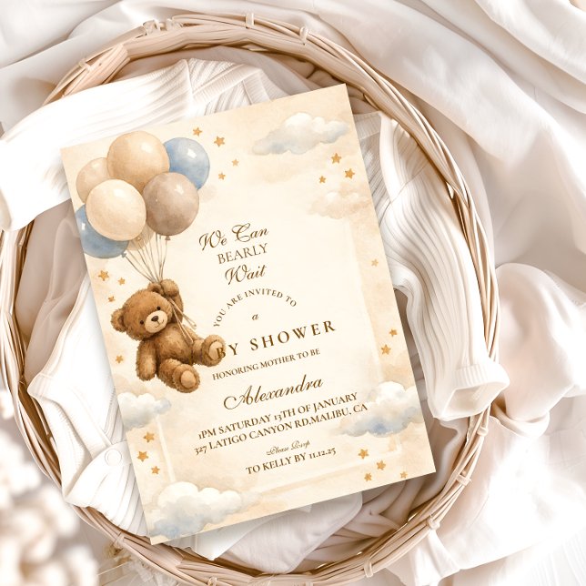We Can Bearly Wait Teddy Bear Balloon Baby Shower Invitation (Creator Uploaded)