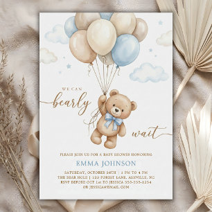 We Can Bearly Wait Teddy Bear Balloon Baby Shower Invitation