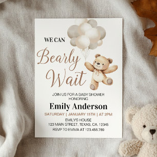 We Can Bearly Wait Teddy Bear Balloon Baby Shower  Invitation
