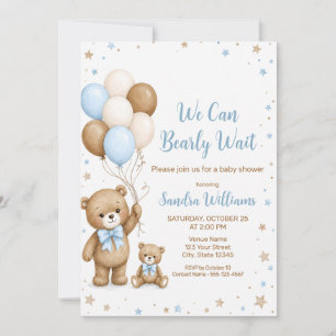 We Can Bearly Wait Teddy Bear Balloon Baby Shower Invitation