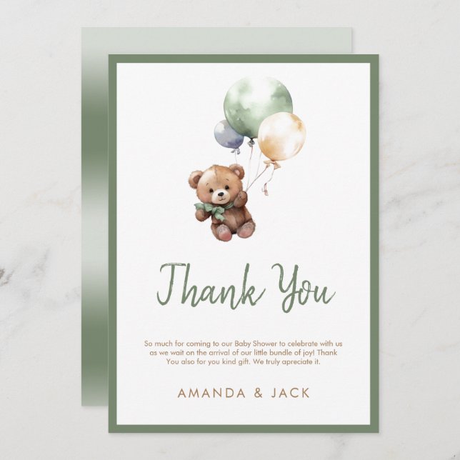 We can Bearly Wait Teddy Bear Balloon Baby Shower Thank You Card (Front/Back)