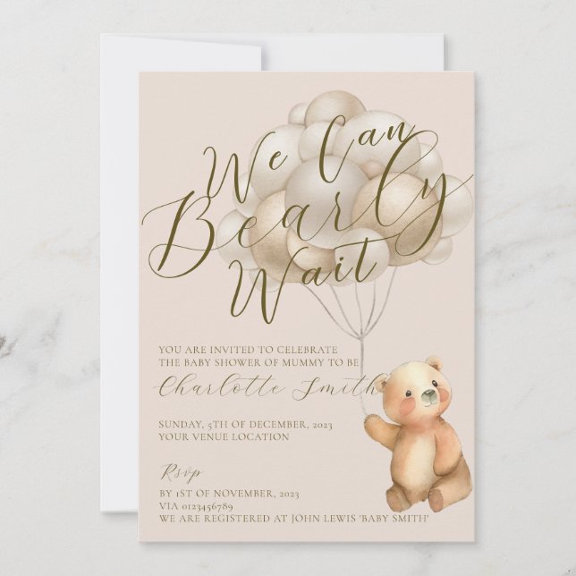 We Can Bearly Wait Teddy Bear Balloons Baby Shower Invitation (Front)