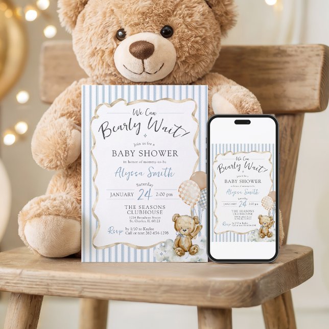 We Can Bearly Wait Teddy Bear Blue Baby Boy Shower Invitation (We Can Bearly Wait teddy bear watercolor blue bow & beige ribbon digital baby boy shower invitation)