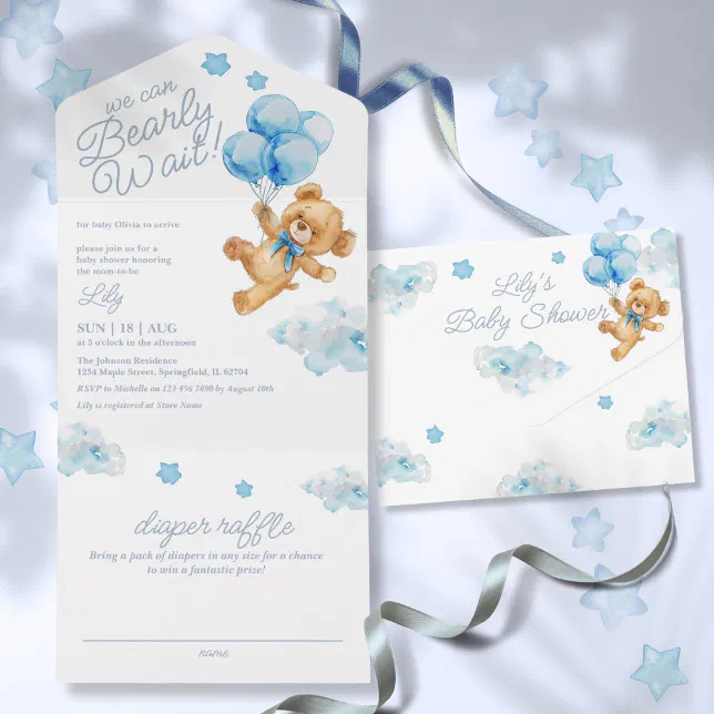 We Can Bearly Wait Teddy Bear Blue Baby Shower All In One Invitation ...