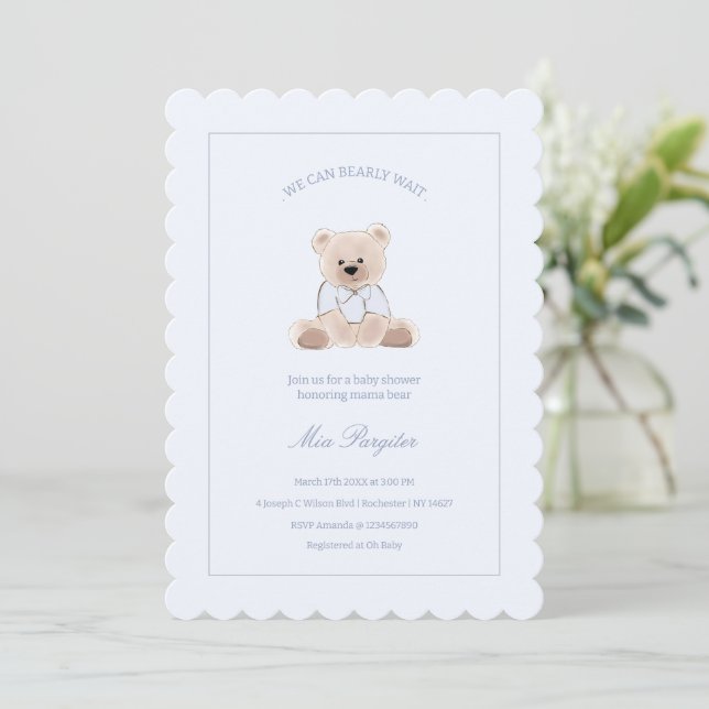 We Can Bearly Wait Teddy Bear Blue Baby Shower Invitation (Standing Front)