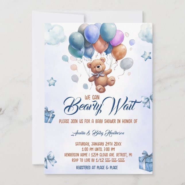 We can Bearly Wait Teddy Bear Blue Baby Shower Invitation (Front)