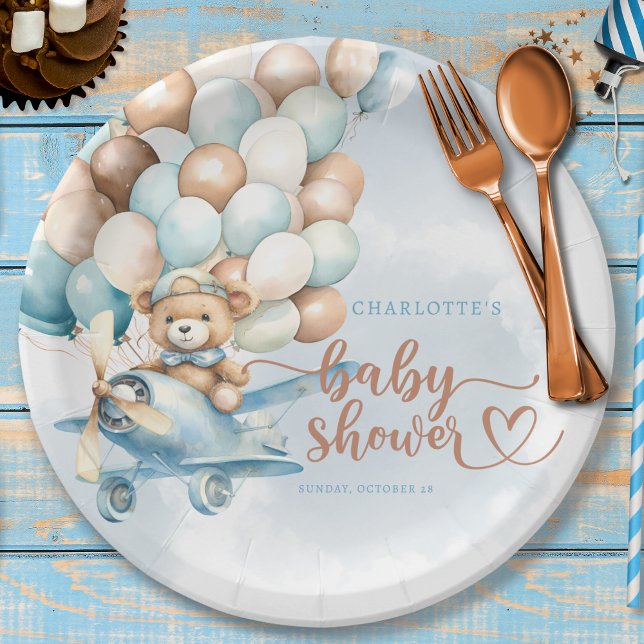 We Can Bearly Wait! Teddy Bear Blue Baby Shower Paper Plate (We can bearly wait baby shower, paper plates, boy baby shower, plate,)