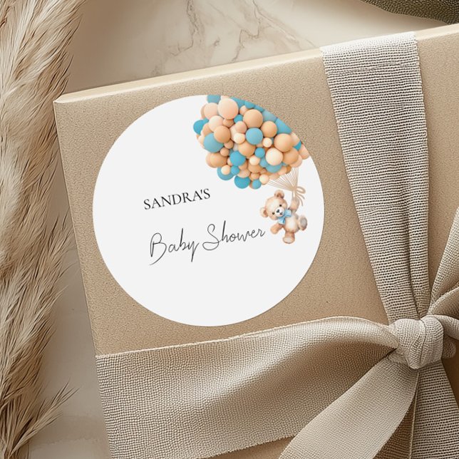 We Can Bearly Wait Teddy Bear Blue Balloon Classic Round Sticker (Creator Uploaded)