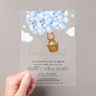 We Can Bearly Wait Teddy Bear Blue Boy Baby Shower Acrylic Invitations