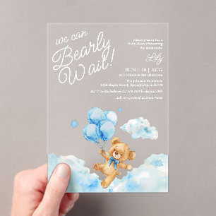 We Can Bearly Wait Teddy Bear Blue Boy Baby Shower Acrylic Invitations