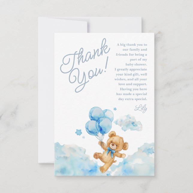 We Can Bearly Wait Teddy Bear Blue Boy Baby Shower Thank You Card (Front)